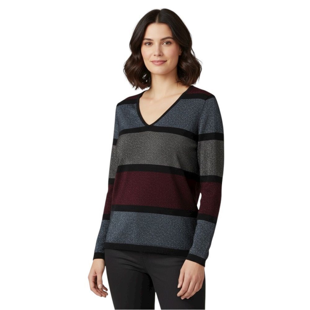 Venus V-Neck Metallic Striped Long Sleeve Sweater Top